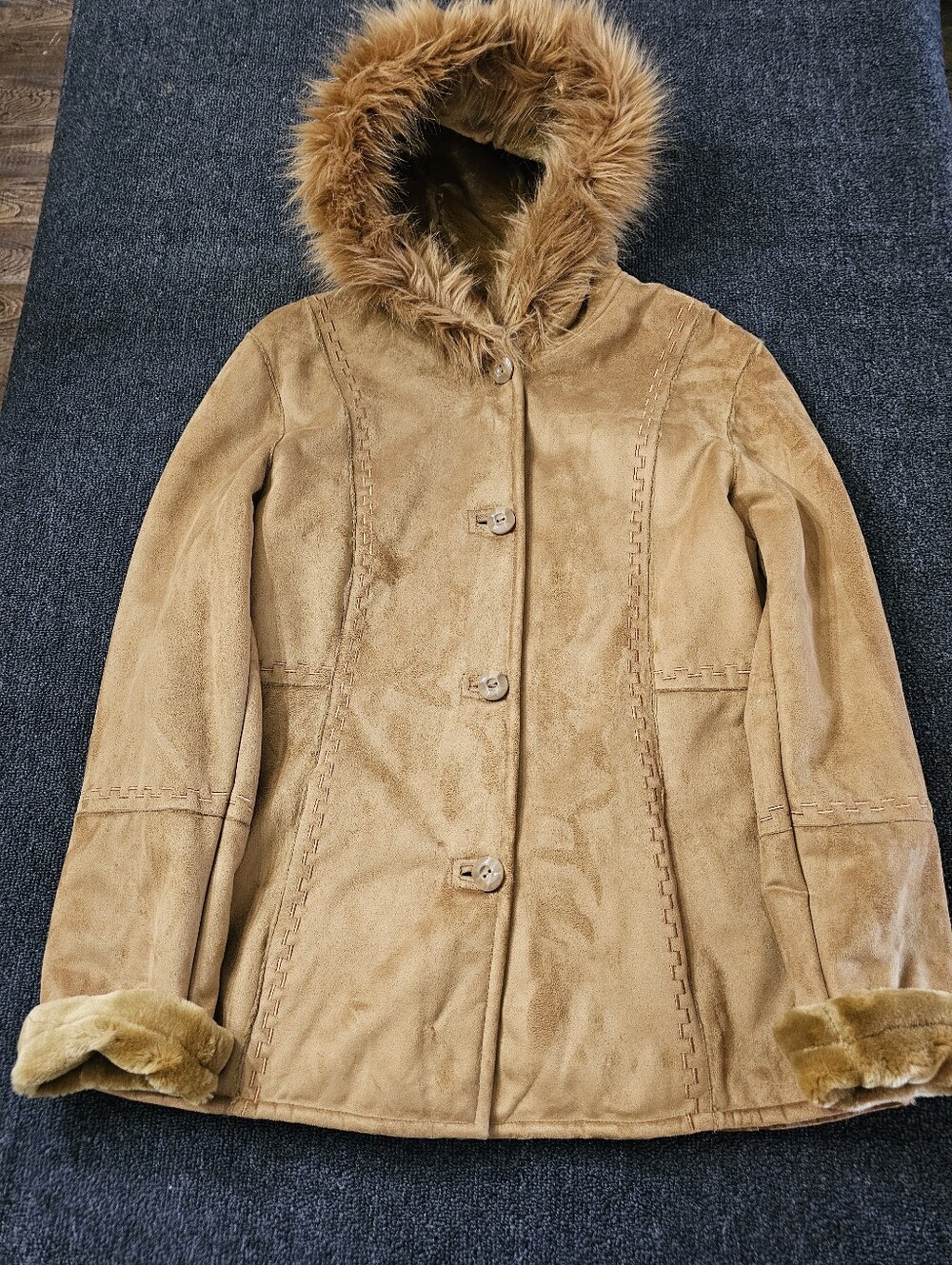 Fitz-Wright Women's Small Faux Leather/Fur Lining Button Up Hooded Jacket Coat